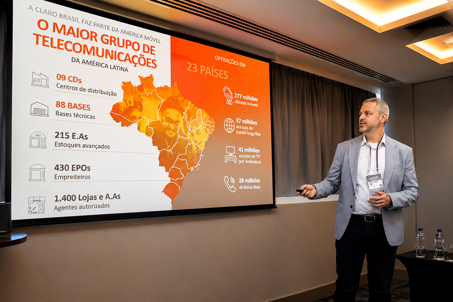 Edgar apresentando resultados corporativos em palco executivo